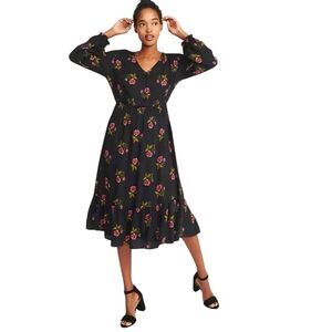 Old Navy Black Roses Floral Printed Midi Dress Small Long Sleeve Spring Flowy